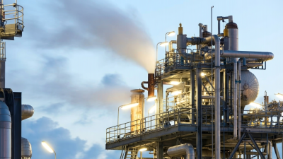 Petrochemische Industrieanlage bei D&auml;mmerung mit beleuchteten Rohren, T&uuml;rmen und Strukturen. | Copyright: KI-generiert by Ideogram