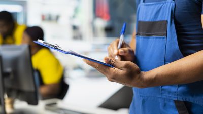 Techniker mit Klemmbrett, der fehlerhafte Systeme in einer Fabrik untersucht | Copyright: Designed by freepik (www.freepik.com)