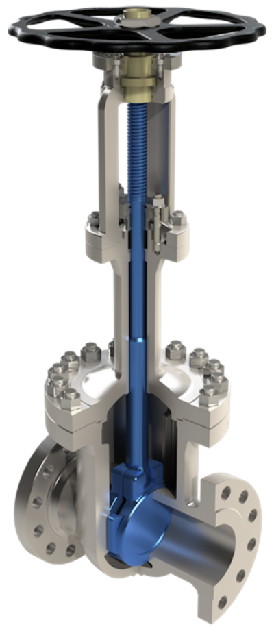 Absperrschieber mit Handrad und blauem Spindelschaft in Flanschausf&uuml;hrung f&uuml;r industrielle Rohrleitungen. (CAD-Zeichnung) | Copyright: PROVALVE Armaturen GmbH & Co. KG