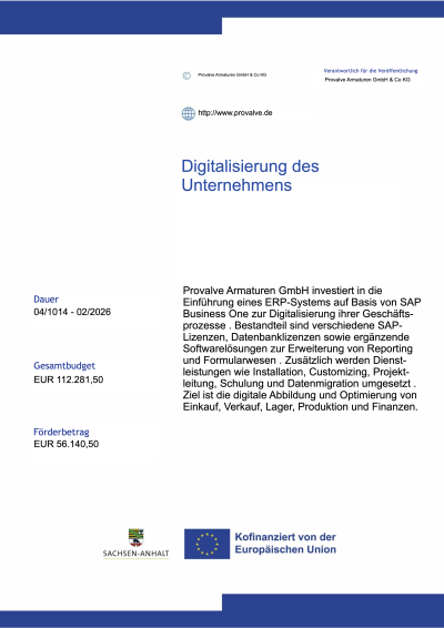 Plakat als Best&auml;tigung von F&ouml;rdermitteln, die die Provalve Armaturen GmbH zur Digitalisierung des Unternehmens erhalten hat. | Copyright: PROVALVE Armaturen GmbH & Co. KG