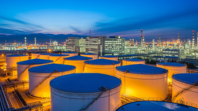 Mehrere gro&szlig;e wei&szlig;e Lagertanks mit blauen Abdeckungen in einer Industrieanlage bei Nacht, Stadt im Hintergrund. | Copyright: Designed by freepik (www.freepik.com)