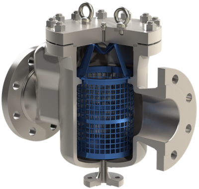 Flanschbeh&auml;lter mit blauem Filterkorb und metallischem Geh&auml;use f&uuml;r Rohrleitungssysteme. (CAD-Zeichnung) | Copyright: PROVALVE Armaturen GmbH & Co. KG