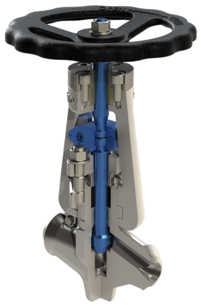 Absperrventil mit blauem Schaft, grauem Geh&auml;use und schwarzem Handrad f&uuml;r industrielle Rohrleitungssysteme. (CAD-Zeichnung) | Copyright: PROVALVE Armaturen GmbH & Co. KG