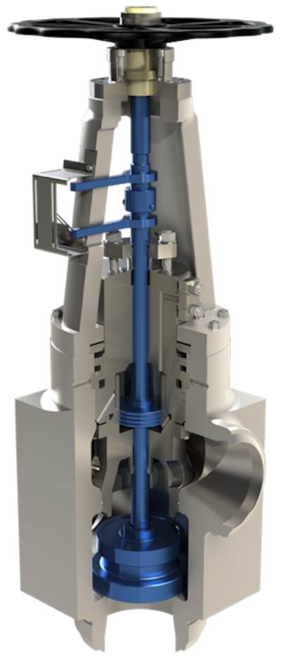 Querschnitt eines Absperrschieber-Ventils mit blauem Schaft und grauem Geh&auml;use, Handrad oben. (CAD-Zeichnung) | Copyright: PROVALVE Armaturen GmbH & Co. KG