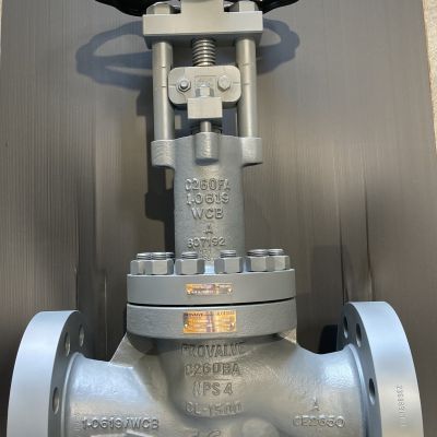 Faltenbalgarmatur mit Flanschverbindung und schwarzem Handrad, Ansicht von oben auf grauem Hintergrund. | Copyright: PROVALVE Armaturen GmbH & Co. KG